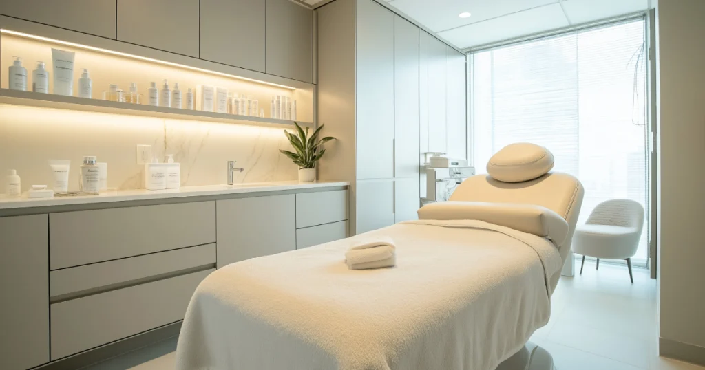 Aesthetic treatments room with modern decor, treatment bed, and skincare products